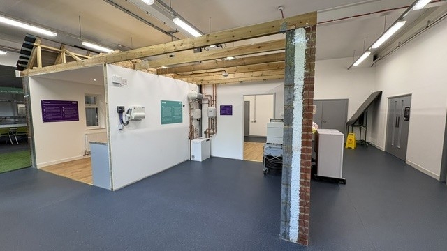 A classroom building at the Green Village retrofit learning space at Crawley College